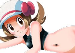 Rule 34 | 1girl, blush, breasts, brown eyes, brown hair, cabbie hat, child, closed mouth, creatures (company), game freak, hainchu, hat, hat ribbon, long hair, looking at viewer, lyra (pokemon), navel, nintendo, pokemon, pokemon hgss, ribbon, simple background, sleeveless, solo, twintails, white background, white hat