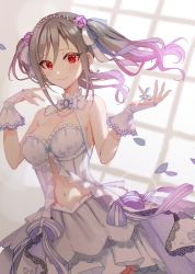 Rule 34 | 1girl, blue bow, blush, bow, breasts, cleavage, detached collar, dress, fingerless gloves, flower, frills, gloves, grey hair, hair between eyes, hair flower, hair ornament, hair ribbon, halter dress, halterneck, highres, idolmaster, idolmaster cinderella girls, jewelry, kanzaki ranko, long hair, medium breasts, navel, necklace, pearl necklace, petals, purple flower, purple rose, red eyes, ribbon, rose, rum raisin (chihiromakita19), sleeveless, sleeveless dress, smile, solo, twintails, wedding dress, window
