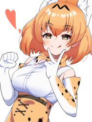 Rule 34 | 1girl, :q, animal ear fluff, animal ears, blonde hair, bob cut, bow, bowtie, clenched hand, closed mouth, commentary, elbow gloves, extra ears, gloves, half-closed eyes, heart, high-waist skirt, highres, kemono friends, looking at viewer, print bow, print bowtie, print gloves, print neckwear, print skirt, serval (kemono friends), serval print, short hair, simple background, skirt, smile, solo, standing, suya kita, tongue, tongue out, traditional bowtie, upper body, v, white background, white gloves, yellow bow, yellow bowtie, yellow eyes, yellow skirt