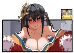 Rule 34 | 1girl, azur lane, bare shoulders, black hair, blush, breasts, chinese text, cleavage, collarbone, hair between eyes, hair ornament, holding hands, japanese clothes, kimono, large breasts, long hair, looking at viewer, pov, red eyes, simplified chinese text, taihou (azur lane), twintails, upper body, xiujia yihuizi