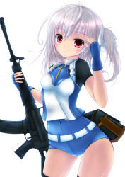 Rule 34 | :&lt;, akapenkoubou, antenna hair, belt, belt pouch, black thighhighs, blue gloves, blush, bodysuit, breasts, contrapposto, covered navel, cowboy shot, fingerless gloves, gloves, gun, hair ribbon, highres, holding, holding weapon, leotard, long hair, one side up, original, pouch, red eyes, ribbon, salute, short shorts, shorts, side ponytail, silver hair, simple background, small breasts, smile, solo, standing, thighhighs, turtleneck, weapon, white background