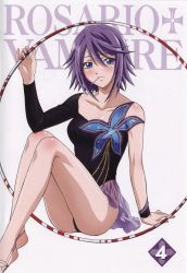 Rule 34 | 1girl, absurdres, athletic leotard, blue eyes, breasts, candy, copyright name, cover, dvd cover, food, food in mouth, gymnastics, highres, hoop, legs, leotard, lollipop, medium breasts, official art, pinky out, plantar flexion, purple hair, rhythmic gymnastics, rosario+vampire, scan, shirayuki mizore, short hair, solo