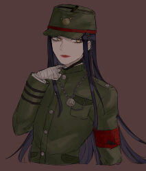 1boy breast_pocket brown_background buttons cropped_torso danganronpa_(series) danganronpa_v3:_killing_harmony green_hat green_jacket hand_up hat jacket jewelry long_hair long_sleeves looking_at_viewer male_focus mask mask_pull necklace pocket red_lips sakanobo-kan shinguji_korekiyo simple_background smile upper_body yellow_eyes