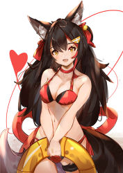 Rule 34 | 1girl, adapted costume, alternate costume, animal ear fluff, animal ears, bell, bikini, black hair, blush, breasts, choker, cleavage, collarbone, commentary, cowboy shot, english commentary, eyelashes, fang, gluteal fold, hair between eyes, hair ornament, hair ribbon, holding, holding swim ring, hololive, innertube, long hair, looking at viewer, majo (pastamajo), medium breasts, midriff, multicolored hair, navel, ookami mio, open mouth, red bikini, red choker, red hair, ribbon, side-tie bikini bottom, simple background, smile, solo, streaked hair, swim ring, swimsuit, tail, two-tone hair, virtual youtuber, white background, wolf ears, wolf tail, yellow eyes