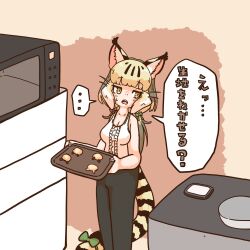 Rule 34 | 1girl, absurdres, animal ears, cat ears, cat girl, cat tail, cookie, enokeyaki, extra ears, food, grey eyes, grey hair, highres, jungle cat (kemono friends), kemono friends, kemono friends v project, kitchen, long hair, looking at viewer, pants, ribbon, shirt, simple background, sleeveless, sleeveless shirt, solo, tail, translation request, twintails, virtual youtuber