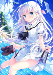 Rule 34 | 1girl, bird, blue eyes, blush, expressionless, hair ornament, hairclip, highres, holding, holding shoes, key (company), kimishima ao, long hair, looking at viewer, mary janes, naruse shiroha, pleated skirt, sailor collar, school uniform, shoes, skirt, skirt hold, sky, sparkle, unworn shoes, water, water drop, white hair