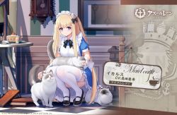 Rule 34 | 1girl, allenes, animal, azur lane, black bow, black footwear, blonde hair, blue eyes, bow, cat, commentary request, garter straps, icarus (at your service) (azur lane), icarus (azur lane), kneeling, long hair, looking at viewer, maid, maid headdress, official alternate costume, official art, promotional art, smile, thighhighs, white thighhighs