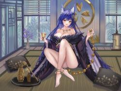 Rule 34 | 1girl, animal ear fluff, animal ears, azur lane, bare shoulders, beads, black kimono, breasts, cleavage, diaoao bugaoxing, facial mark, fox ears, fox girl, full body, fur-trimmed kimono, fur trim, gem, highres, holding, indoors, japanese clothes, jewelry, kimono, large breasts, long hair, long sleeves, low neckline, magatama, magatama necklace, musashi (azur lane), necklace, panties, prayer beads, purple gemstone, solo, underwear, very long hair, whisker markings, white panties, wide sleeves, yellow eyes