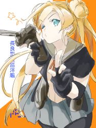 Rule 34 | 1girl, abukuma (kancolle), abukuma kai ni (kancolle), adapted turret, ailiner7060, aqua eyes, black gloves, black jacket, blonde hair, closed mouth, commentary request, double bun, elbow pads, gloves, grey sailor collar, grey skirt, hair bun, hair rings, highres, holding, holding weapon, jacket, kantai collection, leaning forward, long hair, neck ribbon, one eye closed, partially fingerless gloves, pleated skirt, pointing, red ribbon, ribbon, sailor collar, short sleeves, shorts, shorts under skirt, skirt, solo, star (symbol), translation request, twintails, weapon