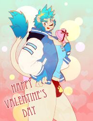 Rule 34 | 1boy, :q, animal ears, aqua hair, ass, bara, bi tch golli, bishie sparkle, bulge, candy, chocolate, chocolate heart, cowboy shot, food, from side, fundoshi, furry, furry male, happy valentine, heart, highres, indie virtual youtuber, jacket, japanese clothes, large pectorals, liger boy, lion ears, lion tail, looking at viewer, male focus, muscular, muscular male, mutton chops, no pants, paw print, pectorals, print fundoshi, red fundoshi, seductive smile, short hair, smile, solo, standing, tail, tail raised, thick thighs, thighs, tohdoh raigo, tongue, tongue out, track jacket, valentine