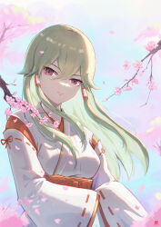 Rule 34 | 1girl, absurdres, cherry blossoms, commentary request, ermu (enmmm), falling petals, genshin impact, green hair, hair between eyes, hair tubes, highres, japanese clothes, kuki shinobu, long hair, long sleeves, looking at viewer, miko, outdoors, petals, purple eyes, ribbon-trimmed sleeves, ribbon trim, sidelocks, sleeves past fingers, sleeves past wrists, solo, wide sleeves, wind
