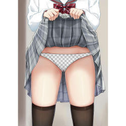 Rule 34 | 1girl, black thighhighs, blurry, blurry background, bow, bowtie, cameltoe, checkered clothes, checkered panties, clothes lift, grey skirt, haneru, head out of frame, highres, legs apart, lifted by self, long sleeves, lower body, original, panties, plaid, plaid skirt, pleated skirt, school uniform, serafuku, shirt, skindentation, skirt, skirt lift, solo, standing, striped bow, striped bowtie, striped clothes, striped neckwear, thighhighs, underwear, unmoving pattern, upskirt, white shirt