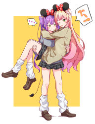 Rule 34 | ..., 2girls, absurdres, alternate costume, alternate hair length, alternate hairstyle, black hairband, black skirt, blonde hair, blush, bow hairband, brown footwear, carrying, carrying person, closed mouth, commentary request, demon girl, demon tail, double bun, flower, full body, gradient hair, green eyes, hair bun, hair flower, hair ornament, hairband, highres, hololive, loafers, long hair, long sleeves, loose socks, miniskirt, momosuzu nene, multicolored hair, multiple girls, okome 0628, one eye closed, pink hair, princess carry, purple hair, shoes, skirt, socks, speech bubble, spoken ellipsis, standing, sweatdrop, sweater, tail, tokoyami towa, tongue, tongue out, translated, twintails, two-tone background, v-shaped eyebrows, very long hair, virtual youtuber, white background, white socks, yellow background, yuri