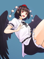 Rule 34 | 1girl, belt, bird wings, black belt, black hair, black ribbon, black skirt, black wings, blue background, breasts, buttons, collared shirt, frilled skirt, frills, hat, highres, kakone, legs up, looking at viewer, medium breasts, neck ribbon, open mouth, pointy ears, pom pom (clothes), red eyes, red ribbon, ribbon, shameimaru aya, shirt, short hair, short sleeves, simple background, skirt, smile, solo, tokin hat, touhou, white shirt, wings
