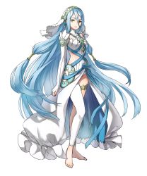 Rule 34 | 1girl, anklet, artist request, asymmetrical legwear, azura (fire emblem), bare shoulders, barefoot, blue hair, blue ribbon, breasts, detached sleeves, dress, feet, fingerless gloves, fire emblem, fire emblem fates, fire emblem heroes, full body, gem, gloves, headband, highres, jewelry, kaya8, light smile, lips, long hair, looking to the side, medium breasts, nintendo, official art, pantyhose, pendant, ribbon, sidelocks, single leg pantyhose, solo, strapless, strapless dress, thighlet, toes, transparent background, uneven legwear, veil, very long hair, white dress, white pantyhose, yellow eyes