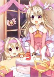 Rule 34 | 2girls, anniversary, ascot, bare shoulders, binato lulu, blonde hair, bow, box, cake, commentary request, detached sleeves, dress, fate/kaleid liner prisma illya, fate (series), food, fujimaru ritsuka (male), gift, gift box, gloves, hair between eyes, hair bow, hairband, hand on table, illyasviel von einzbern, indoors, long hair, looking at viewer, magical girl, multiple girls, night, night sky, open mouth, orange ascot, pink dress, red eyes, sitonai (fate), sky, sleeveless, sleeveless dress, two side up, white gloves, window
