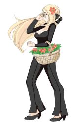 Rule 34 | 00s, 1girl, basket, bell-bottoms, blonde hair, breasts, cleavage, colorized, creatures (company), cynthia (pokemon), flower, full body, game freak, hair flower, hair ornament, hand in own hair, high heels, highres, kekekeke, large breasts, long hair, nintendo, pants, pokemon, pokemon dppt, shoes, simple background, solo, white background