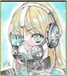Rule 34 | 1girl, absurdres, ao miduki, blonde hair, blue-tinted eyewear, cable, calligraphy brush, commentary request, cyberpunk, gas mask, green eyes, headphones, headset, highres, long hair, looking at viewer, mask, original, paintbrush, photo (medium), science fiction, scouter, signature, solo, tinted eyewear, traditional media, watercolor pencil (medium)