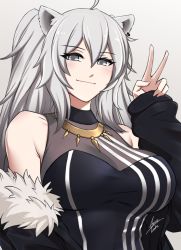 Rule 34 | 1girl, ahoge, airisubaka, animal ears, artist name, bare shoulders, cleavage, commentary, ear piercing, english commentary, eyes visible through hair, fur trim, gradient background, grey background, grey eyes, grey hair, hair between eyes, highres, hololive, lion ears, long hair, long sleeves, looking at viewer, piercing, see-through, see-through cleavage, shishiro botan, shishiro botan (1st costume), signature, simple background, sleeves past wrists, smile, solo, striped, upper body, v, vertical stripes, virtual youtuber