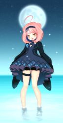 Rule 34 | 1girl, ahoge, alternate costume, alternate hairstyle, azur lane, blush, commentary request, double bun, dress, fang, flat chest, headband, highres, looking at viewer, moon, night, night sky, ocean, open mouth, pink hair, short hair, sky, solo, standing, standing on liquid, tuxedo, u-81 (azur lane), yellow eyes