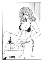 Rule 34 | 1girl, bathroom, bikini, blush, bracelet, breasts, censored, female focus, highres, indoors, jewelry, large breasts, long hair, looking at viewer, lupin iii, mine fujiko, monochrome, navel, open mouth, pussy, rippadou, shaving, solo, standing, swimsuit, thighhighs, tms entertainment