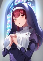 Rule 34 | 1girl, 2022, absurdres, black headwear, breasts, church, heterochromia, highres, hololive, houshou marine, houshou marine (nun), large breasts, long sleeves, looking at viewer, nun, official alternate costume, open mouth, own hands together, red eyes, red hair, scarf (50464982), solo, traditional nun, upper body, virtual youtuber, yellow eyes