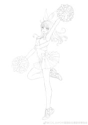 Rule 34 | 1girl, :d, absurdres, arm up, armpits, bare arms, bare legs, bow, bow hairband, ccg expo, cheerleader, crop top, from side, full body, hairband, heel up, highres, holding, holding pom poms, leg up, lineart, looking at viewer, looking to the side, miniskirt, monochrome, navel, open mouth, pleated skirt, pom pom (cheerleading), pom poms, shoes, skirt, sleeveless, smile, sneakers, solo, standing, standing on one leg, star (symbol), tony taka, weibo logo, weibo watermark, white background, zi ling