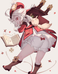 Rule 34 | 1girl, absurdres, ahoge, artist request, ass, ass focus, backpack, bag, bloomers, blush, book, boots, dodoco (genshin impact), dress, from behind, from below, genshin impact, gloves, grey background, hat, hat feather, highres, klee (genshin impact), long hair, looking at viewer, looking down, low twintails, open mouth, platinum blonde hair, pointy ears, red dress, red eyes, red hat, smile, solo, thighs, twintails, underwear, upskirt