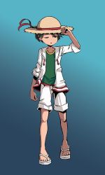 Rule 34 | 10s, 1girl, black hair, collarbone, flip-flops, full body, gradient background, half-closed eye, hat, hood, hoodie, kantai collection, mogami (kancolle), one eye closed, open mouth, reverse trap, sandals, short hair, shorts, sixten, solo, sun hat, tan
