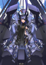 Rule 34 | 1girl, absurdres, black dress, black hair, breasts, brown eyes, cloud, cloudy sky, cockpit, commentary request, commission, dress, eyepatch, facial mark, girls&#039; frontline, hair between eyes, headgear, highres, long hair, looking at viewer, mecha, mechanical arms, mechanical legs, nyto (girls&#039; frontline), adeline (girls&#039; frontline), paradeus, ringobatake, robot, sitting, skeb commission, sky, small breasts, solo