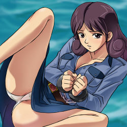 Rule 34 | 1girl, ass, bdsm, belt, black eyes, black hair, blush, bondage, bound, bound wrists, breasts, buttons, chain, cleavage, clenched hands, collared shirt, cuffs, curly hair, domon kei, haruyama kazunori, large breasts, leg up, legs, long hair, long skirt, long sleeves, looking at viewer, lowres, military, military uniform, own hands together, panties, pantyshot, parted bangs, parted lips, pencil skirt, pocket, reclining, shirt, skirt, solo, space carrier blue noah, spread legs, tsuchikado kei, uchuu kuubo blue noah, unbuttoned, underwear, uniform, water, white panties
