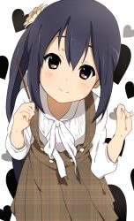 Rule 34 | 1girl, alternate hairstyle, black hair, blush, brown dress, brown eyes, dress, flower, hair flower, hair ornament, heart, k-on!, leaning forward, looking at viewer, nakano azusa, official style, ogipote, pocky, shirt, side ponytail, smile, solo, unmoving pattern