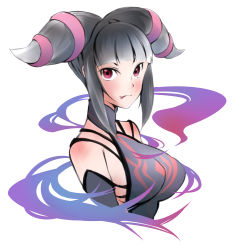 Rule 34 | 1girl, bare shoulders, black hair, blunt bangs, blush, breasts, capcom, detached sleeves, drill hair, elbow gloves, gloves, halterneck, han juri, iguana, iguana henshuu-chou, licking lips, looking at viewer, purple eyes, simple background, small breasts, solo, street fighter, street fighter iv (series), tongue, tongue out, twin drills, upper body, white background