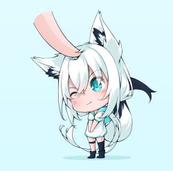 Rule 34 | 1girl, absurdres, animal ear fluff, animal ears, black footwear, black thighhighs, blue background, blush, chibi, commentary request, dress, fox ears, fox girl, fox tail, green eyes, hair between eyes, headpat, highres, hololive, ikamoworkshop, long hair, looking at viewer, one eye closed, shirakami fubuki, sidelocks, simple background, single thighhigh, tail, thigh strap, thighhighs, virtual youtuber, white dress, white hair