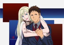 Rule 34 | 1boy, 1girl, artist logo, asymmetrical bangs, blonde hair, blue eyes, blue jacket, blue suit, brown eyes, brown hair, brown necktie, brown ribbon, cape, chamisuke, closed mouth, earrings, formal, gigi andalusia, grey shirt, gundam, gundam hathaway&#039;s flash, hand on another&#039;s arm, hathaway noa, highres, hug, hug from behind, jacket, jewelry, lipstick, long hair, looking at viewer, makeup, multicolored background, nail polish, necktie, open mouth, red nails, ribbon, shirt, short hair, smile, straight hair, suit, teeth, triangle earrings, twitter username, upper teeth only, white cape