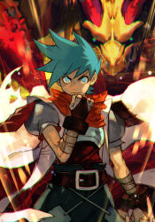 Rule 34 | 1boy, armor, belt, blue eyes, breastplate, breath of fire, breath of fire iii, brown belt, capcom, closed mouth, dragon, green pants, hand up, hungry clicker, looking at viewer, male focus, pants, puffy short sleeves, puffy sleeves, red scarf, ryuu (breath of fire iii), scarf, short sleeves, solo