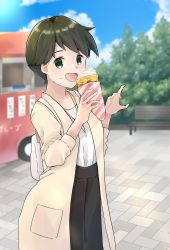 Rule 34 | 1girl, :d, alternate costume, backpack, bag, beige jacket, bench, black skirt, casual, crepe, eating, food, food on face, green eyes, green hair, highres, holding, holding food, jewelry, kantai collection, looking at viewer, mogami (kancolle), necklace, open mouth, shirt, short hair, skirt, smile, solo, u yuz xx, white shirt
