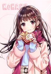 Rule 34 | 1girl, absurdres, blush, box, brown eyes, brown hair, character name, closed mouth, earrings, fingernails, gift, gift box, hair ornament, hairclip, head tilt, highres, holding, jewelry, lips, long sleeves, looking at viewer, morikura en, original, pink background, ribbon, scan, scarf, simple background, sleeves past wrists, solo, upper body, winter clothes