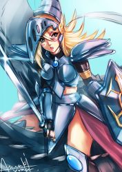 Rule 34 | 1girl, amasaki yusuke, armor, blonde hair, breastplate, dark magician girl, dark magician girl the dragon knight, duel monster, holding, holding sword, holding weapon, shield, sword, weapon, yu-gi-oh!, yu-gi-oh! duel monsters