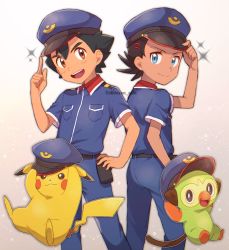 Rule 34 | 2boys, :d, ash ketchum, belt, black hair, blue eyes, blue headwear, blue pants, blue shirt, breast pocket, brown eyes, brown hair, chitozen (pri zen), closed mouth, collared shirt, commentary, creatures (company), eyelashes, game freak, gen 1 pokemon, gen 8 pokemon, goh (pokemon), grookey, hand on headwear, hand on own hip, hat, highres, holster, male focus, multiple boys, nintendo, open mouth, pants, pikachu, pocket, pokemon, pokemon (anime), pokemon (creature), pokemon journeys, shirt, short hair, short sleeves, smile, symbol-only commentary, teeth, tongue, twitter username, upper teeth only, watermark