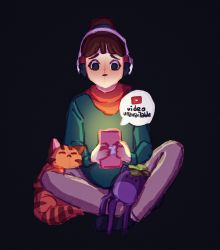 Rule 34 | 1girl, 1other, black background, brown hair, cat, catstyle, catstyle, cellphone, commentary, flat chest, full body, green sweater, headphones, highres, indian style, lofi girl, lofi girl (youtube), looking at phone, phone, ponytail, red scarf, scarf, sitting, smartphone, solo focus, stuffed toy, sweater, tabby cat, wireless, youtube