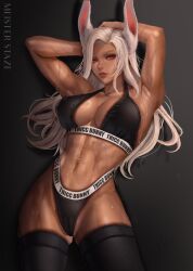 Rule 34 | 1girl, abs, absurdres, animal ears, armpits, arms up, artist name, bikini, black background, black thighhighs, boku no hero academia, breasts, cameltoe, cleavage, collarbone, covered erect nipples, cowboy shot, dark-skinned female, dark skin, english text, female focus, highleg, highleg bikini, highres, large breasts, long hair, meister staze, mirko, navel, parted lips, pink eyes, rabbit ears, rabbit girl, signature, skindentation, solo, stomach, suggestive fluid, sweat, swimsuit, thighhighs, thighs, toned, veins, white hair