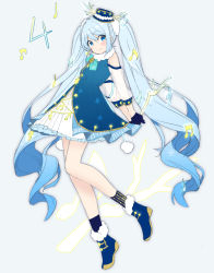 Rule 34 | 1girl, agonasubi, arms behind back, beamed eighth notes, blue dress, blue eyes, blue gloves, blue hair, blue hat, bow, bowtie, branch, commentary, detached sleeves, dress, eighth note, full body, fur-trimmed dress, fur-trimmed footwear, fur trim, gloves, glowing, hat, hatsune miku, highres, holding, holding wand, light blue hair, long hair, looking at viewer, musical note, musical note print, sleeveless, sleeveless dress, smile, snowflake print, solo, staff (music), treble clef, twintails, very long hair, vocaloid, wand, white sleeves, yuki miku, yuki miku (2021) (candidate no.4)