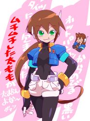 Rule 34 | 1girl, aile (mega man zx), blue jacket, bodysuit, bracelet, breasts, brown hair, closed mouth, cowboy shot, cropped jacket, cropped legs, gloves, green eyes, hair between eyes, hand on own hip, hip focus, jacket, jewelry, kon (kin219), long hair, looking at viewer, mega man (series), mega man zx, mega man zx advent, pocket, ponytail, puffy short sleeves, puffy sleeves, short shorts, short sleeves, shorts, skin tight, small breasts, smile, solo focus, spandex, text focus, vent (mega man), white shorts