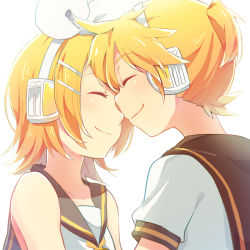 Rule 34 | 1boy, 1girl, bare shoulders, blonde hair, bloom, blush, bow, brother and sister, face-to-face, hair bow, hair ornament, hairclip, headphones, headset, kagamine len, kagamine rin, noses touching, reki (arequa), sailor collar, shirt, short hair, short ponytail, siblings, sleeveless, sleeveless shirt, smile, twins, vocaloid