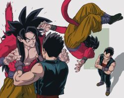Rule 34 | 2boys, belt, black hair, black pants, blue belt, boots, brown gloves, clenched teeth, closed mouth, crossed arms, dragon ball, dragon ball gt, fecaa, fingerless gloves, gloves, highres, large pectorals, long hair, looking at another, male focus, monkey boy, monkey tail, multiple boys, muscular, muscular male, orange pants, pants, pectorals, red shirt, shirt, short hair, son goku, spiked hair, tail, teeth, vegeta, yaoi