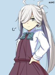 Rule 34 | 1girl, puff of air, ahoge, aqua bow, aqua bowtie, asashimo (kancolle), blue background, bow, bowtie, brown dress, cowboy shot, dress, dress shirt, grey eyes, hair over one eye, halter dress, halterneck, hand on own hip, kantai collection, long hair, moti coi, one-hour drawing challenge, ponytail, school uniform, shirt, simple background, solo, white hair, white shirt