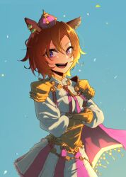 Rule 34 | 1girl, aiguillette, animal ears, breasts, cape, commentary, crossed arms, crown, ear ornament, fingerless gloves, gauntlets, gem, gloves, gold trim, hair between eyes, highres, horse ears, horse girl, jacket, jewelry, long sleeves, medium breasts, multiple rings, open mouth, orange hair, outdoors, purple eyes, ring, shironism, shirt, shoulder guard, smile, solo, t.m. opera o (umamusume), teeth, tilted headwear, umamusume, upper body, upper teeth only, v-shaped eyebrows, white gloves, white jacket