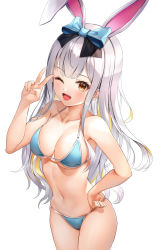 Rule 34 | 1girl, ;d, animal ears, bad id, bad pixiv id, bare arms, bare shoulders, bikini, blue bikini, blue bow, blush, bow, breasts, brown eyes, cleavage, collarbone, hair bow, hand on own hip, hand up, looking at viewer, lunacle, medium breasts, mochizuki himari, navel, one eye closed, open mouth, rabbit ears, silver hair, simple background, smile, solo, swimsuit, uni create, v, virtual youtuber, white background