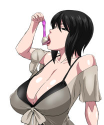 Rule 34 | 1girl, arm up, asou misaki, bare shoulders, black eyes, black hair, breasts, cleavage, collarbone, condom, covered erect nipples, cum, fatal frame, female focus, hair between eyes, holding, large breasts, lips, ml, open mouth, saliva, shiny skin, short hair, short sleeves, simple background, solo, tongue, tongue out, upper body, used condom, white background